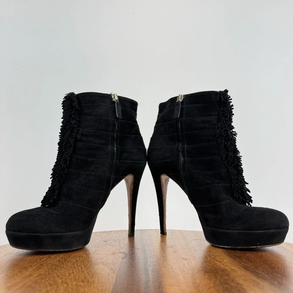 Womens Gucci Black‎ Suede Fringe Trim Platform Heeled Ankle Boots Size EU 37.5